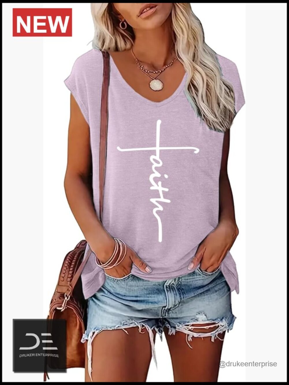 Faith Cross Graphic V-Neck Cap Sleeve T-Shirt Soft Cotton Blend